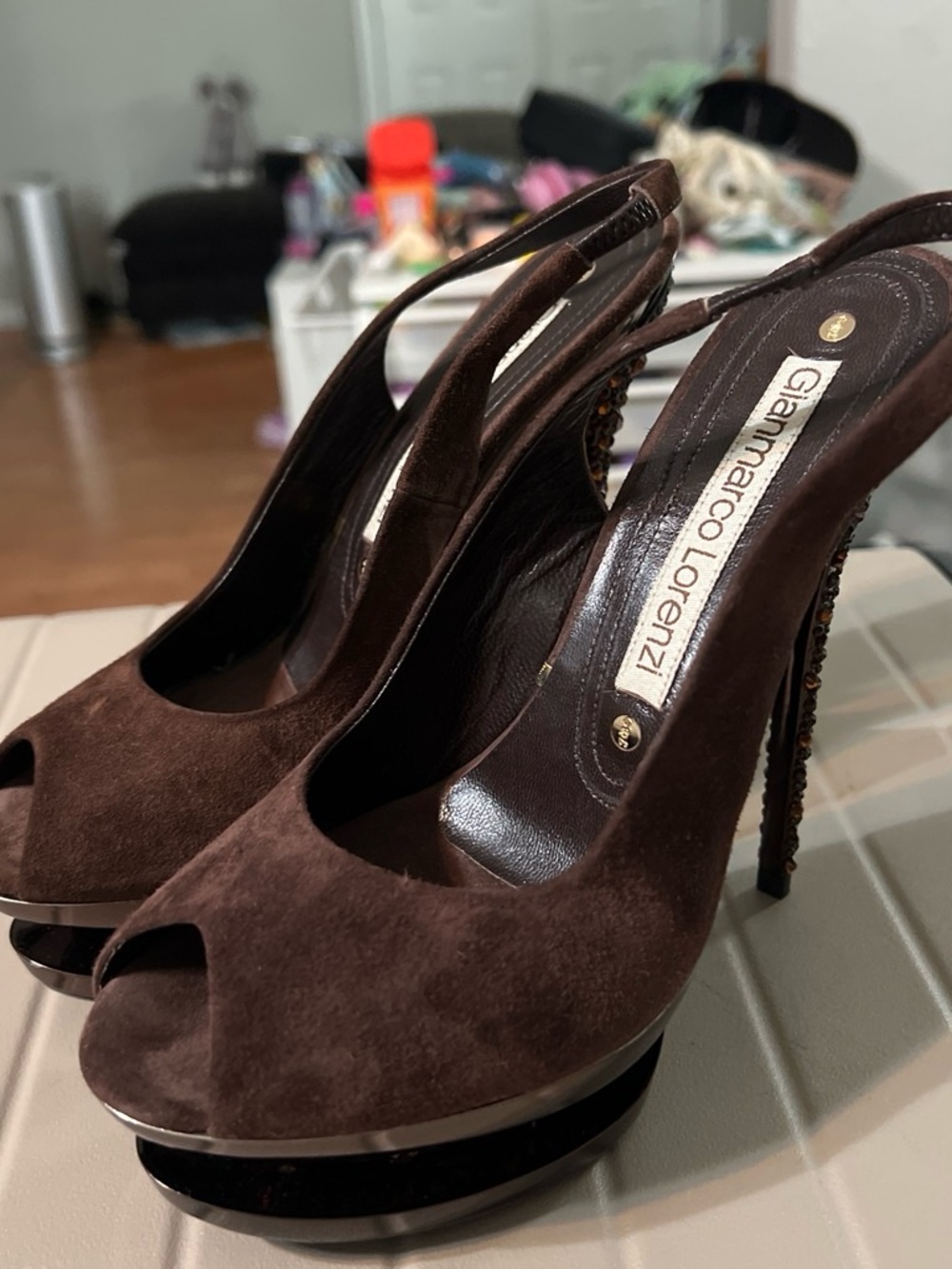 Gianmarco Lorenzi Dark Brown Suede Peep-Toe Slingback Heels